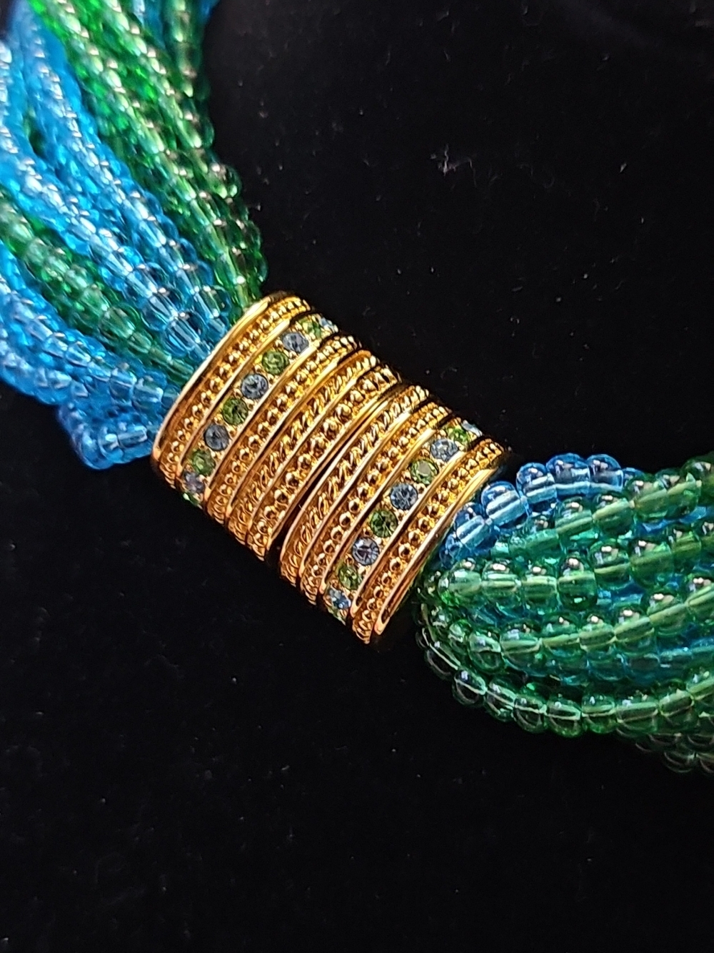 Vintage Joan Rivers Blue and Green Twisted Seed Bead Statement Necklace
